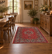 crimson Persian floral traditional vintage area rug, front room mockup