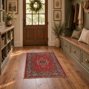 crimson Persian floral traditional vintage area rug, wide interior view