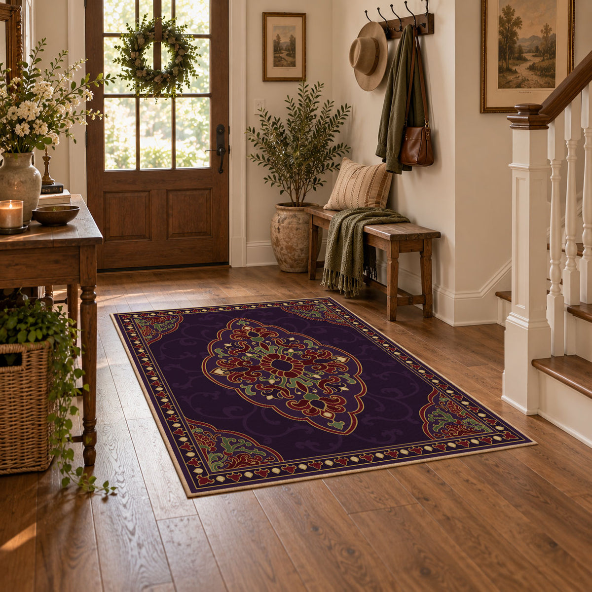 purple Persian medallion traditional ornate area rug, featured room view