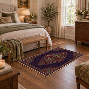 purple Persian medallion traditional ornate area rug, cozy home setting