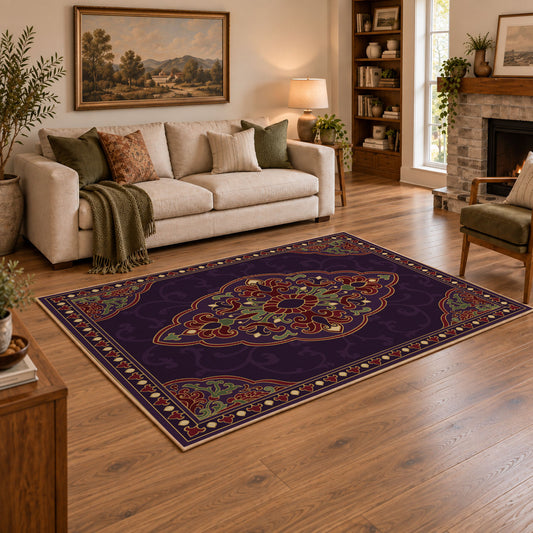 purple Persian medallion traditional ornate area rug, angled room view