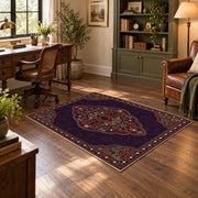 purple Persian medallion traditional ornate area rug, wood floor styling