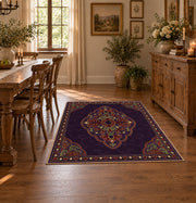 purple Persian medallion traditional ornate area rug, close decorative detail