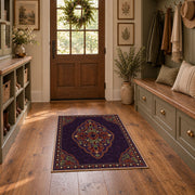 purple Persian medallion traditional ornate area rug, front room mockup