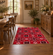red tribal geometric Persian traditional area rug, featured room view