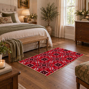 red tribal geometric Persian traditional area rug, cozy home setting