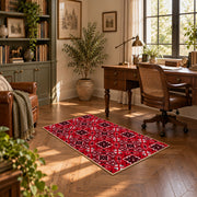 red tribal geometric Persian traditional area rug, complete product view