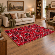 red tribal geometric Persian traditional area rug, angled room view