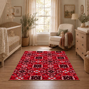 red tribal geometric Persian traditional area rug, full pattern view
