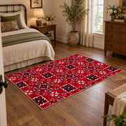 red tribal geometric Persian traditional area rug, soft surface detail