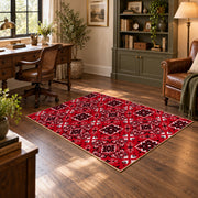 red tribal geometric Persian traditional area rug, wood floor styling