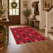 red tribal geometric Persian traditional area rug, close decorative detail