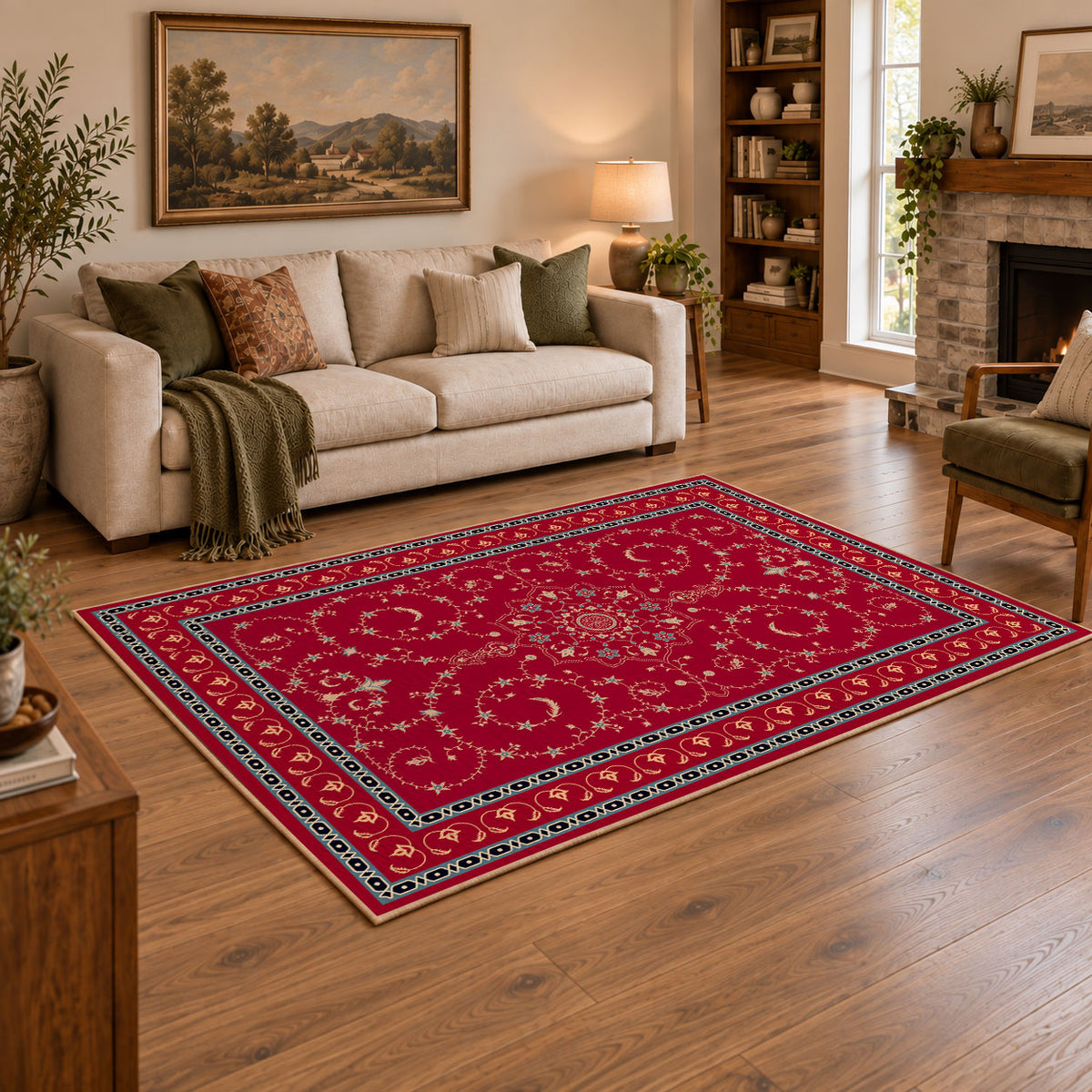 crimson Persian floral traditional border area rug, featured room view