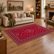 crimson Persian floral traditional border area rug, featured room view