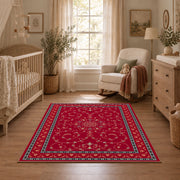 crimson Persian floral traditional border area rug, angled room view