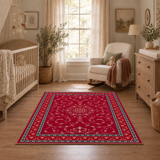 crimson Persian floral traditional border area rug, angled room view