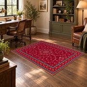 crimson Persian floral traditional border area rug, soft surface detail
