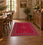 crimson Persian floral traditional border area rug, close decorative detail