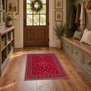 crimson Persian floral traditional border area rug, front room mockup