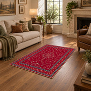 crimson Persian floral traditional border area rug, design detail view