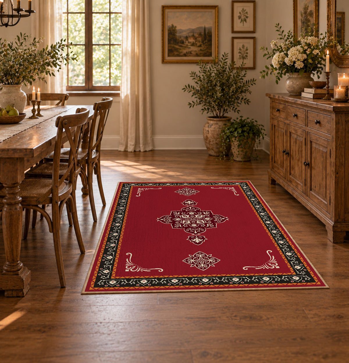 red nomadic medallion minimalist traditional area rug, featured room view