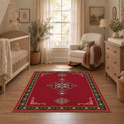 red nomadic medallion minimalist traditional area rug, full pattern view
