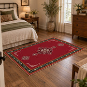 red nomadic medallion minimalist traditional area rug, soft surface detail