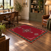 red nomadic medallion minimalist traditional area rug, wood floor styling