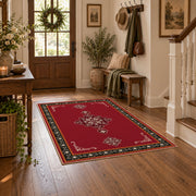 red nomadic medallion minimalist traditional area rug, close decorative detail