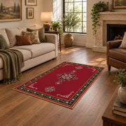 red nomadic medallion minimalist traditional area rug, design detail view
