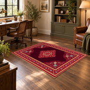 ruby red Persian panel traditional vintage area rug, featured room view