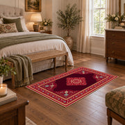 ruby red Persian panel traditional vintage area rug, cozy home setting