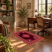 ruby red Persian panel traditional vintage area rug, complete product view
