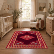 ruby red Persian panel traditional vintage area rug, full pattern view