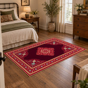 ruby red Persian panel traditional vintage area rug, soft surface detail