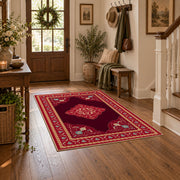 ruby red Persian panel traditional vintage area rug, wood floor styling
