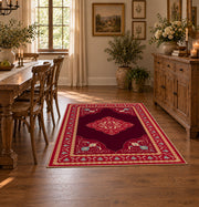 ruby red Persian panel traditional vintage area rug, close decorative detail