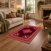 ruby red Persian panel traditional vintage area rug, design detail view