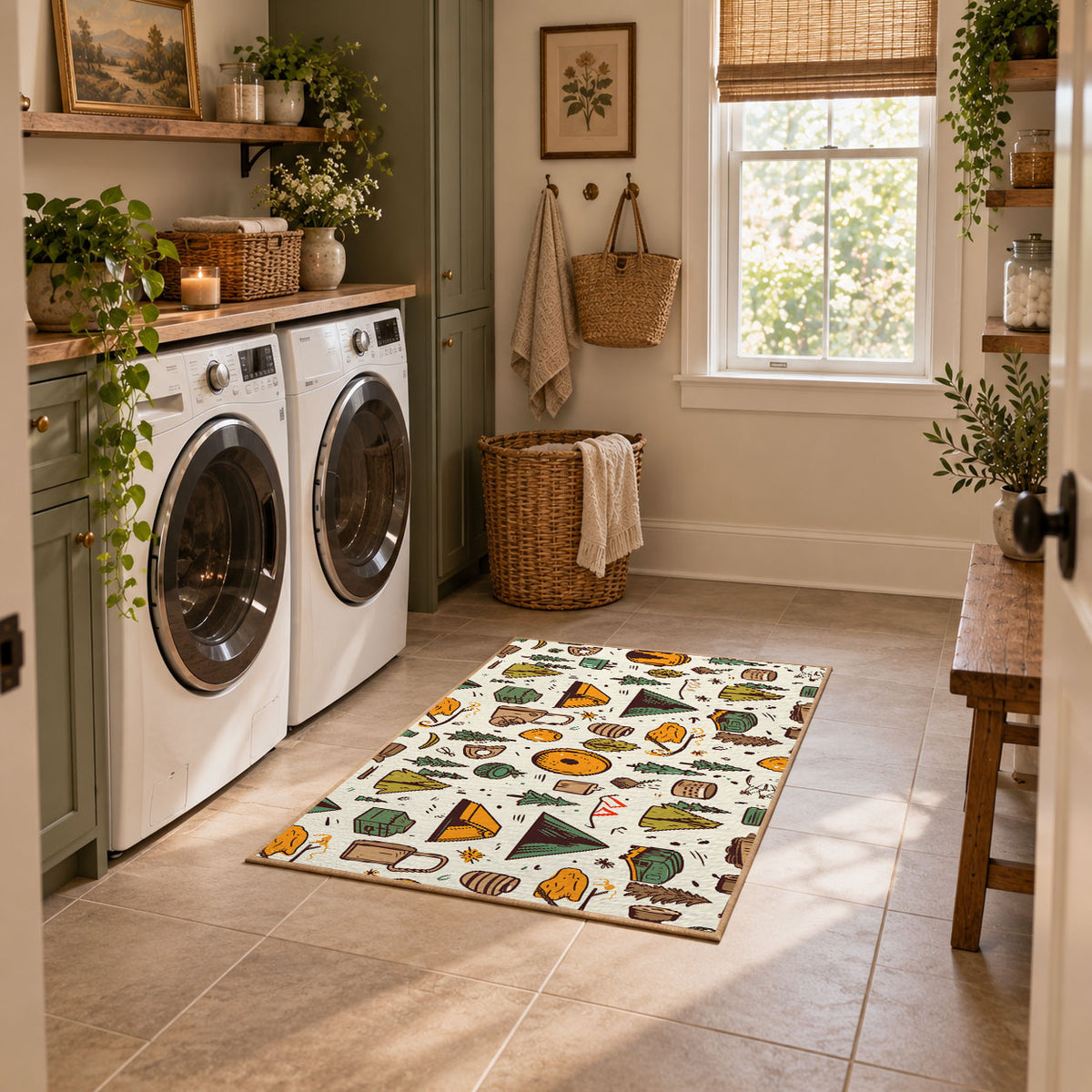 cream colorful camping gear pattern outdoor area rug, featured room view