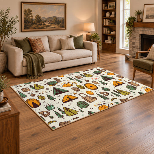 cream colorful camping gear pattern outdoor area rug, angled room view