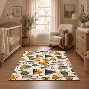 cream colorful camping gear pattern outdoor area rug, full pattern view