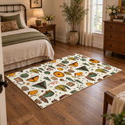 cream colorful camping gear pattern outdoor area rug, soft surface detail