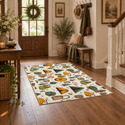 cream colorful camping gear pattern outdoor area rug, close decorative detail