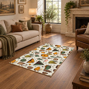 cream colorful camping gear pattern outdoor area rug, design detail view