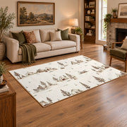 cream minimalist mountain camping sketch area rug, angled room view