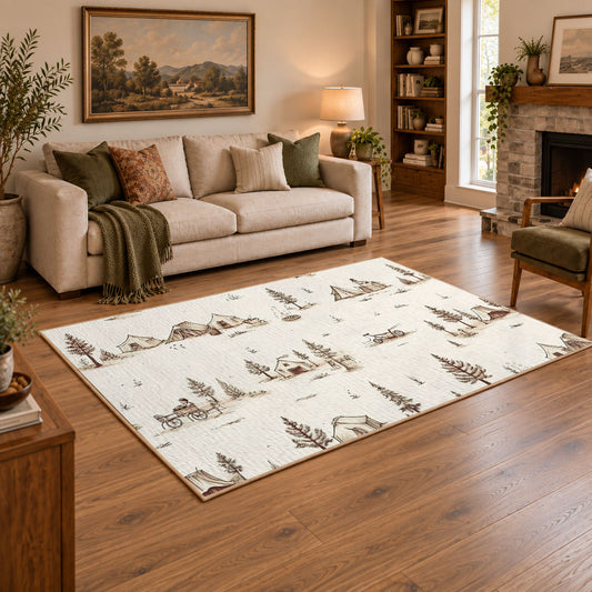 cream minimalist mountain camping sketch area rug, angled room view