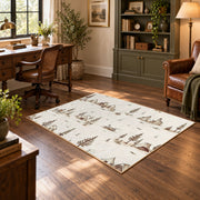 cream minimalist mountain camping sketch area rug, wood floor styling