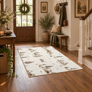 cream minimalist mountain camping sketch area rug, close decorative detail