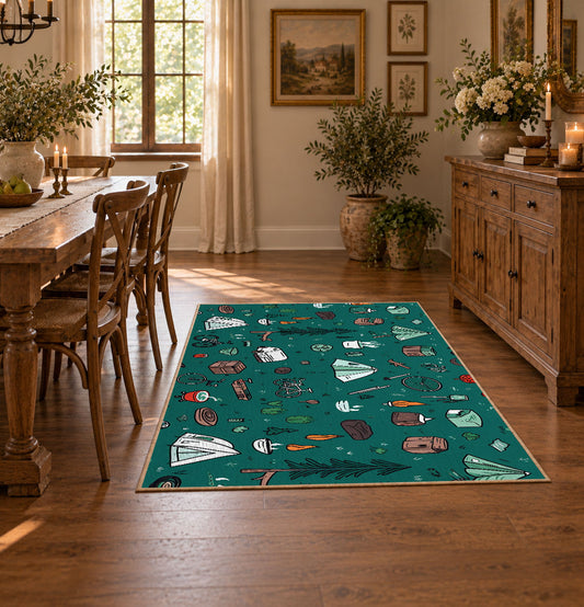 teal colorful camping equipment outdoor pattern area rug, featured room view