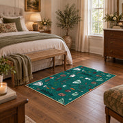 teal colorful camping equipment outdoor pattern area rug, cozy home setting